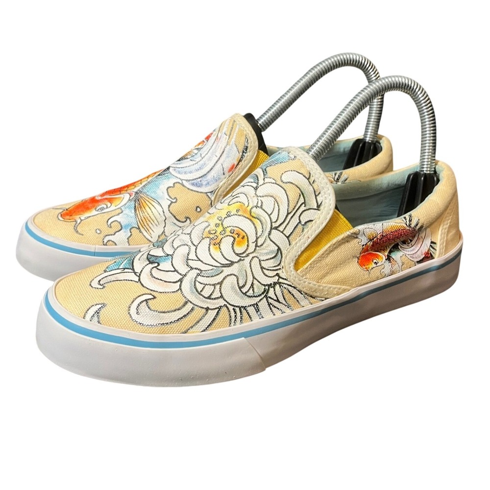 Y2K Ed Hardy Slip On Sneakers Womens 7 Tan Koi Fish Tattoo‎ Art Canvas Shoes